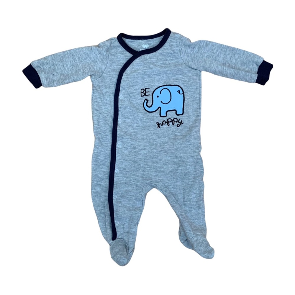 Elephant Onesie Pajamas Grey Blue Stripes Snap Front Baby Size 0-3 M
